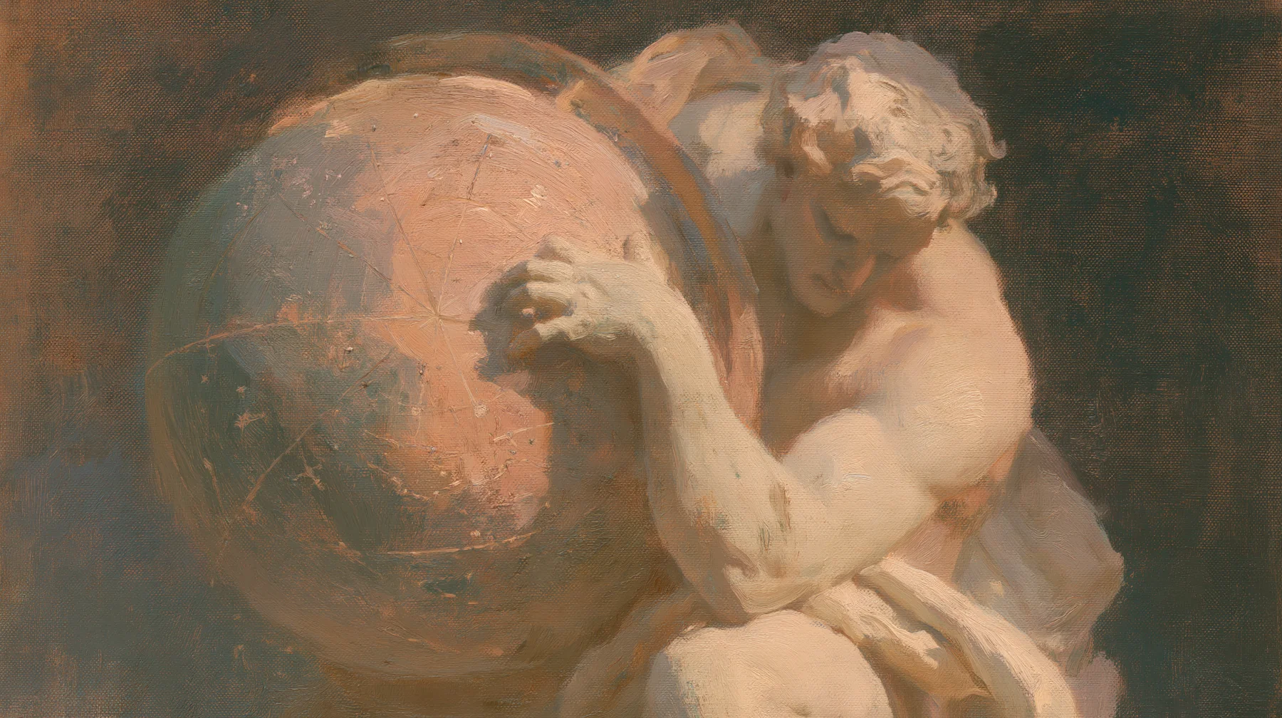 A painterly figure of Atlas bearing a celestial sphere